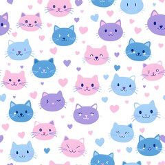 repeating pattern of pastel pink, purple and blue cartoon cats on white background