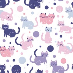 repeating pattern of pastel pink, purple and blue cartoon cats on white background