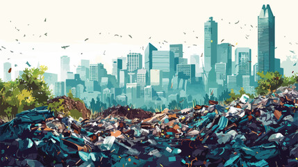Smelling landfill waste landscape with city skyscrape - obrazy, fototapety, plakaty