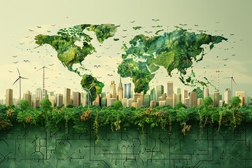 The concept of green city. Alternative, renewable, eco-friendly energy. Wind turbines, solar panels