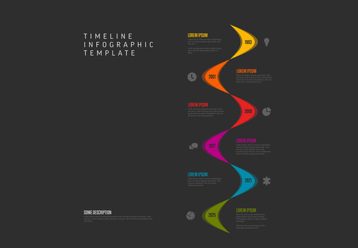 Color line multipurpose thread dark vertical timeline infographic template with icons