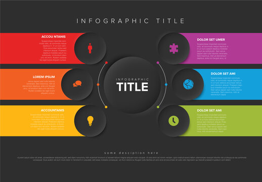 Big circle element with six items on color stripes multipurpose dark infographic template