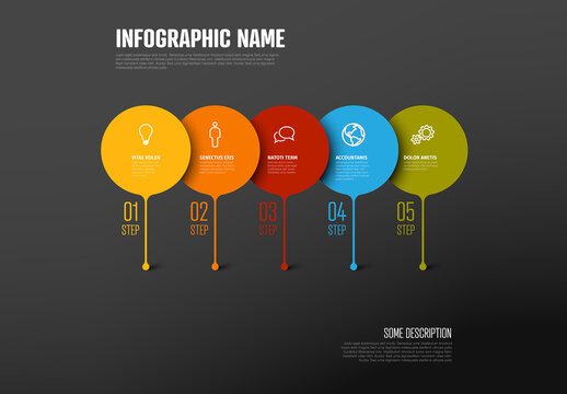 Big circle droplets items as steps in color progress dark infographic template layout design