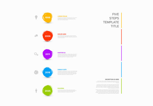 Light infographic vertical timeline template with five brush circle items elements spots