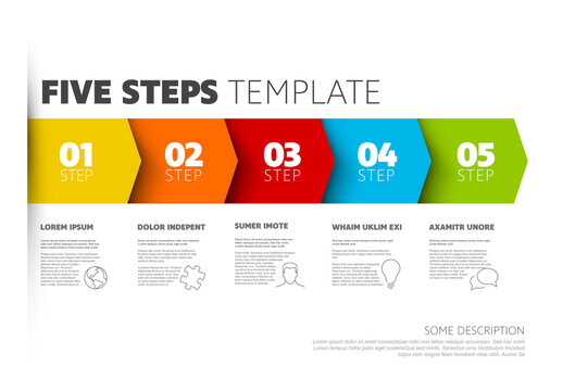 Five progress block steps template with descriptions and icons on white background