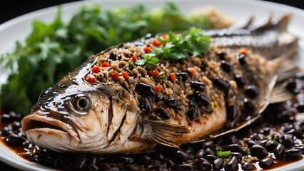Steamed Whole Fish with Black Bean Sauce Whole fish steamed and served with a savory black bean sauce. - obrazy, fototapety, plakaty