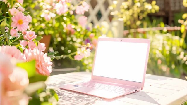 Pink Laptop on Outdoor Table Surrounded by Flowers in Daylight