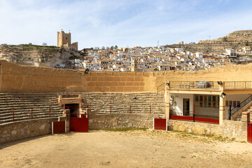 Panoramic view Alcalá del Júcar Bullring, late 19th century, being one of the oldest in Spain,...