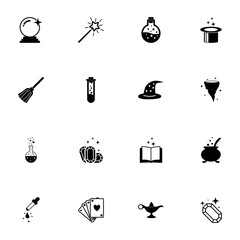 Magic icon - Expand to any size - Change to any colour. Perfect Flat Vector Contains such Icons as witch hat, fortune telling ball, love poison bottle, aladdin lamp, wizard wand, gems, potion, broom