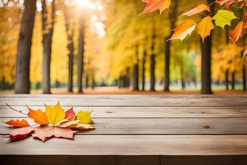 Naklejka na ściany i meble wooden table , autumn leaves