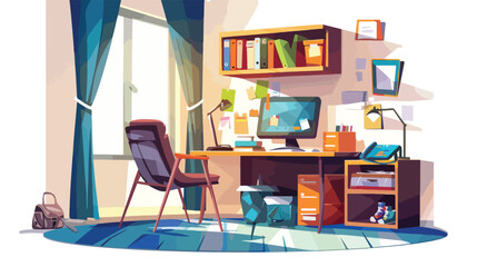 Student or pupil room. Workplace in room. Vector cart