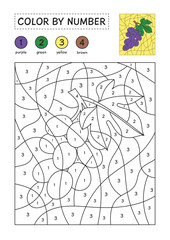Coloring page with a picture of grapes to color by numbers. Puzzle game for children education. Simple coloring for kids
