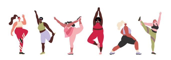 Different plus size women in sportswear doing exercises. Curvy female body. Body positive and active lifestyle concept