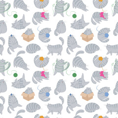 Seamless pattern with cute playing gray cat in different poses and with various emotions. Cat behavior, body language and face expressions