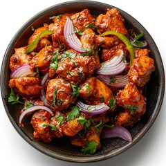 Red dry Indian chicken 65 with onion topping in a bowl of traditional Indian background " ai generated "