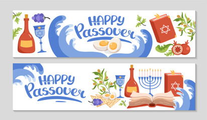 Happy Passover Billboard set, party invitation background. Seder plate, matzah, egg, salad, Waves red sea, wine bottle, cup. Hand drawn lettering. Horizontal Backdrop for web. Vector flat illustration
