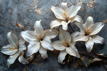 Obraz na płótnie Canvas White lilies on an old concrete wall with gold elements