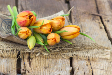 orange tulips on wooden background - close up - 786244912