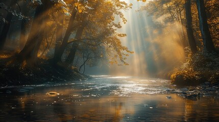 A tranquil river winding its way through a misty forest, with sunlight filtering through the dense canopy and casting a golden glow upon the crystal-clear waters - obrazy, fototapety, plakaty