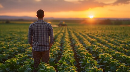 A solemn farmer stands observing as a tractor methodically sprays pesticides over a lush soybean field, with the setting sun casting a golden glow over the farmland.