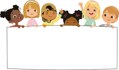 001837_ExplorMulticultural kids hold a blank board. Cute little kids on a white background show a blank poster for text entry. Banner. Cartoon Vector illustration. Isolated.e1 - 786245718
