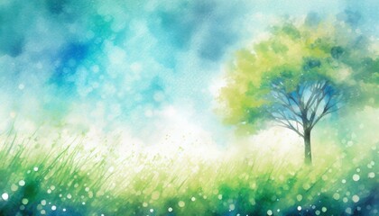 Fototapeta na wymiar One tree in the meadow, watercolor style illustration background.