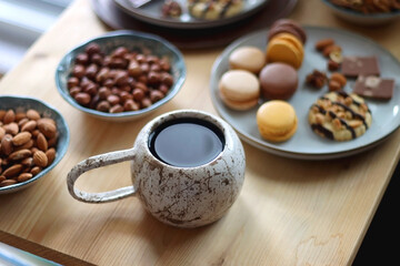 Cup of tea or coffee, cookies, macaroons, chocolate, various nuts and cocoa powder on wooden table....