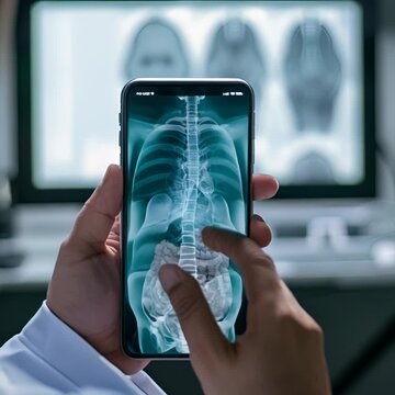 Doctor using smartphone with x-ray image on the screen