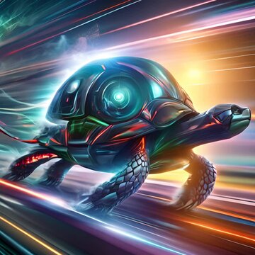 Vibrant hues highlight a cybernetic turtle, illustrating a blend of organic life with advanced technology