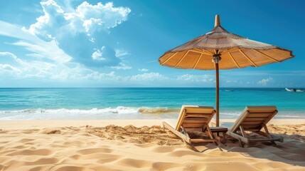 Arrange sun loungers under a beach umbrella on the sandy shore