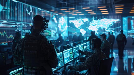A futuristic depiction of combat in a cyber warfare operations center, with analysts and soldiers coordinating digital attacks and defenses, showcasing the evolving face of warfare in the digital age.