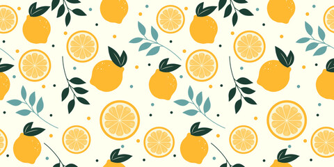 Tropical seamless pattern with yellow lemons and leaves. Cute fruit summer background. Vector bright modern print for paper, cover, fabric.
