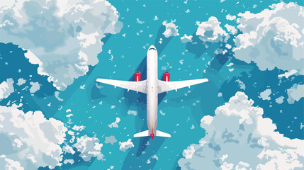 Vector airplane top view near clouds. Vector illustration