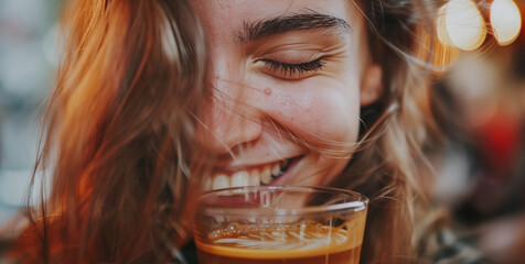 Close up of pretty woman face drinking a cappuccino
