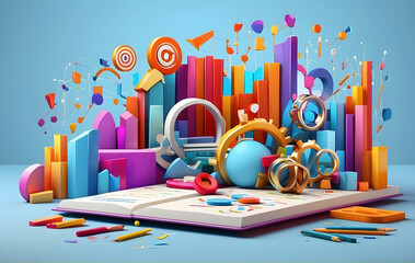 3D representation of SEO optimization with a browser, illustrating marketing and social media concepts. Background showcases an interface for web analytics strategy and research planning