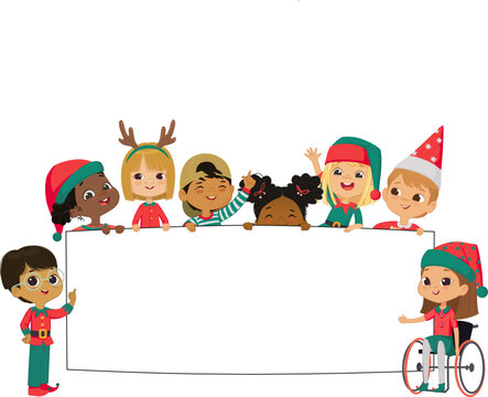 Multicultural kids Christmas Elves hold a blank board. Cute little kids on a white background show a blank poster for text entry. Inclusive education. Banner. Cartoon Vector illustration. Isolated.