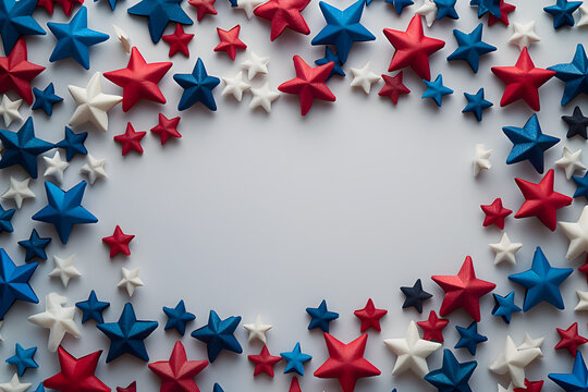 Light background with red, white and blue stars creating a border, 3D image with blank frame for product display or mock-up, suitable for 4th of July or Memorial Day.