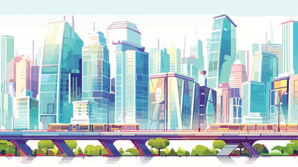 Vector Cartoon modern city panorama with glass 
