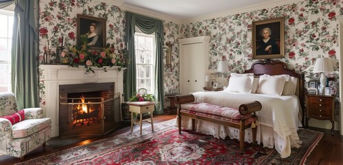A charming guest bedroom suite with a cozy fireplace, antique furnishings, and floral wallpaper.