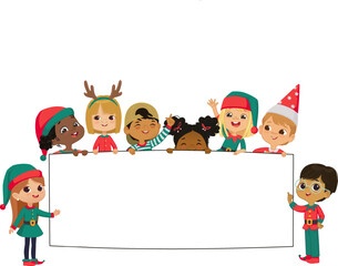 Multicultural kids Christmas Elves hold a blank board. Cute little kids on a white background show a blank poster for text entry. Inclusive education. Banner. Cartoon Vector illustration. Isolated. - 786247309