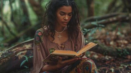 Multi-ethnic woman reading a book among trees in the woods.