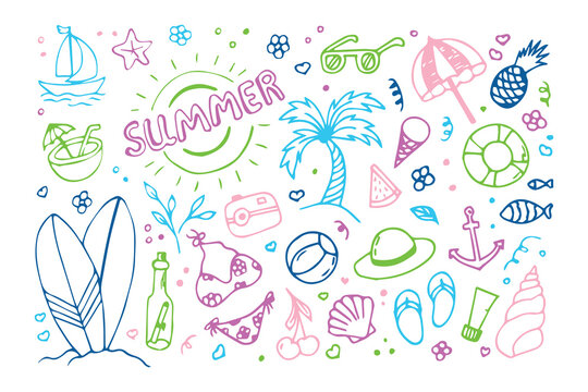 Doodle set of colored summer icons. Hand drawn doodle style. Sun, palm tree, fruit, summer clothes, hat, ice cream, cream, flip flops. Vector illustration