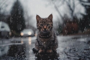 Lonely stray kitten in rain seek urgent pet adoption, rescue, and shelter support for charity - obrazy, fototapety, plakaty