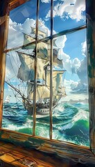 Capture the panoramic view of a daring maritime adventure, with a focus on a ship battling stormy seas in vivid watercolors Emphasize the play of color theory to evoke drama and intensity