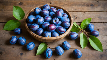 Vibrant Blue Plums Surrounded by Fresh Green Leaves on Rustic Wooden Table