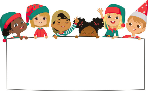 Multicultural kids hold a blank board. Cute little kids on a white background show a blank poster for text entry. Inclusive education. Banner. Cartoon Vector illustration. Isolated.
