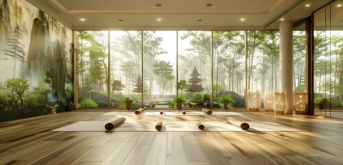 A serene yoga studio with bamboo flooring, floor-to-ceiling mirrors, and calming nature murals.