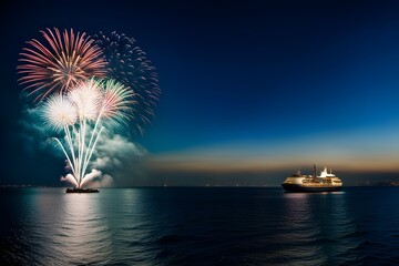 sea, ship, fireworks