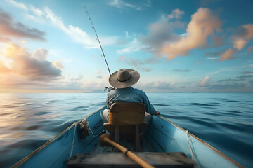 Angler sitzt in seinem Fischerboot und angelt in der frühen Morgensonne, Sonnenaufgang, Angelsport, erstellt mit generativer KI