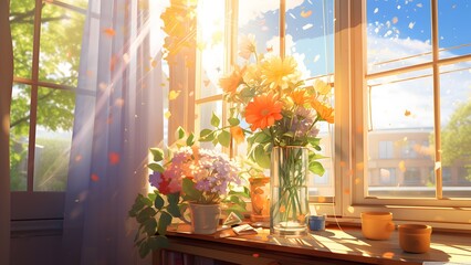 Fototapeta na wymiar flowers on window sill